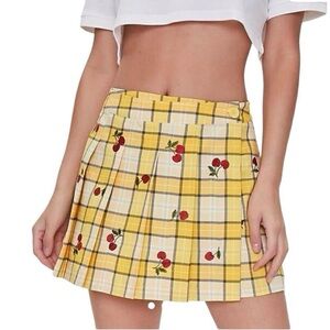 Forever 21 Womens 1X Yellow Plaid Mini Skort Cherry Embroidery Twee Retro Preppy